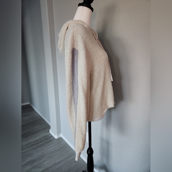 Champion Cream Teddy Fleece Semi Cropped Hoodie Sweater Long Sleeve Stripe Sz XL - Picture 8 of 12